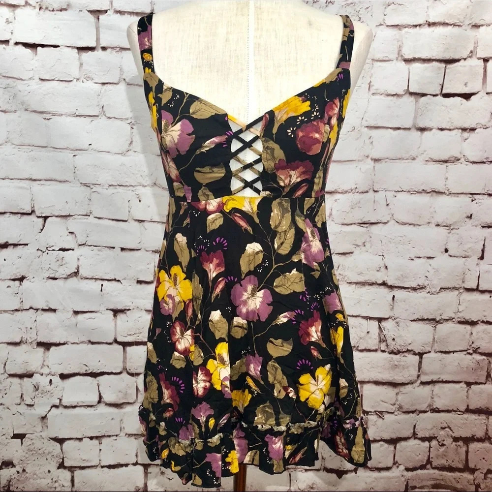 Free‎ People Intimately Black Floral Chemise Dress